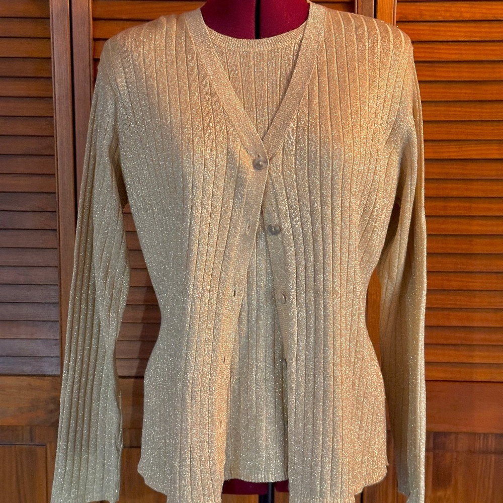 EPOGEE Vintage 2 PC Cardigan Sweater & Pullover Top Gold Shimmer Rib Knit
